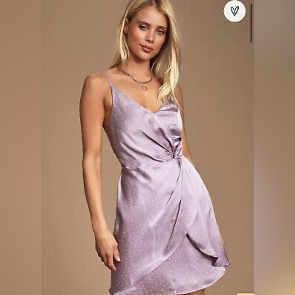 Lulu’s Lavender Polka Dot Satin Front Knotted mini dress size M